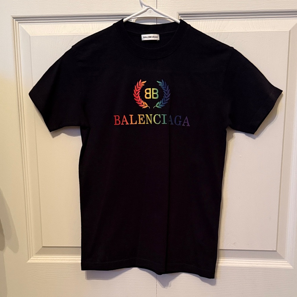 Balenciaga Black Tee with Rainbow Laurel Logo Size XS Women’s